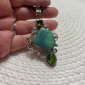 Gorgeous GREEN BOTSWANA AGATE & PERIDOT Handmade Sterling 925 Pendant/Cord #504D